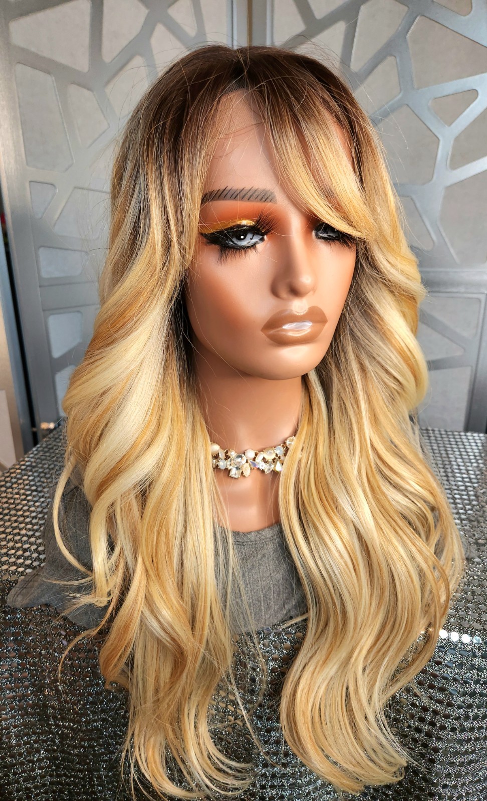 Wig with Bangs Ombre Blonde Wig 13×4 Lace Front Loose Wave Human Blend Glueless