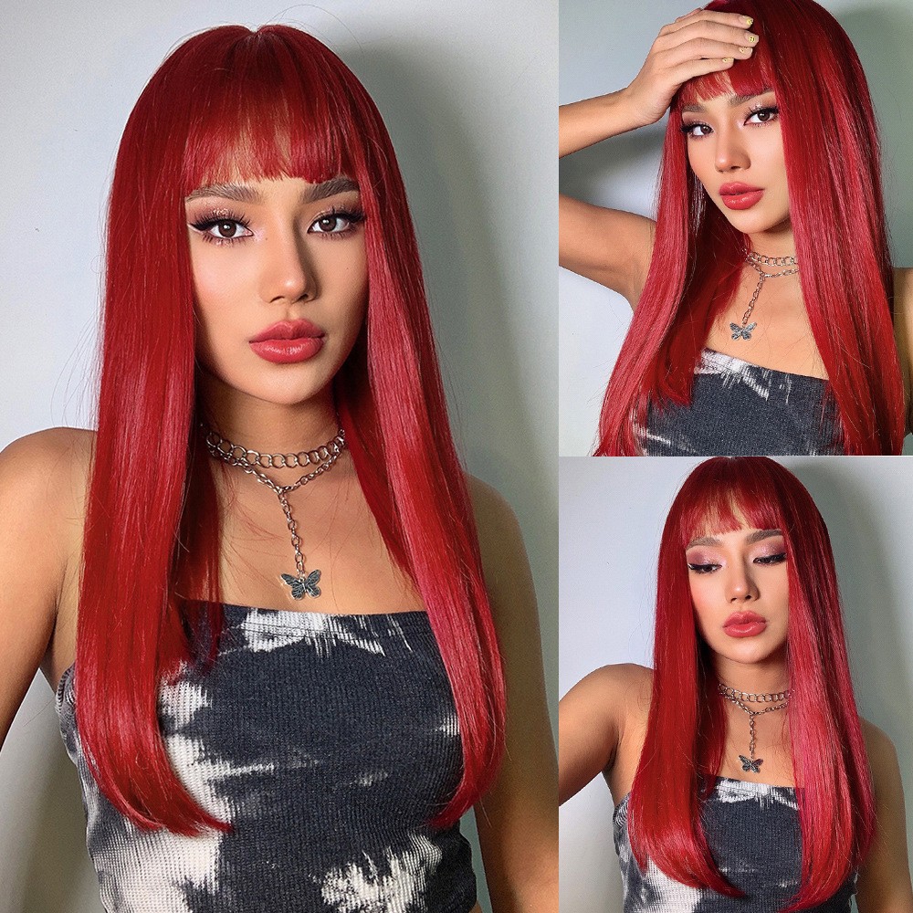 Berry Red Medium Straight Wig with Bangs Skin Brightening Full Head Synthetic