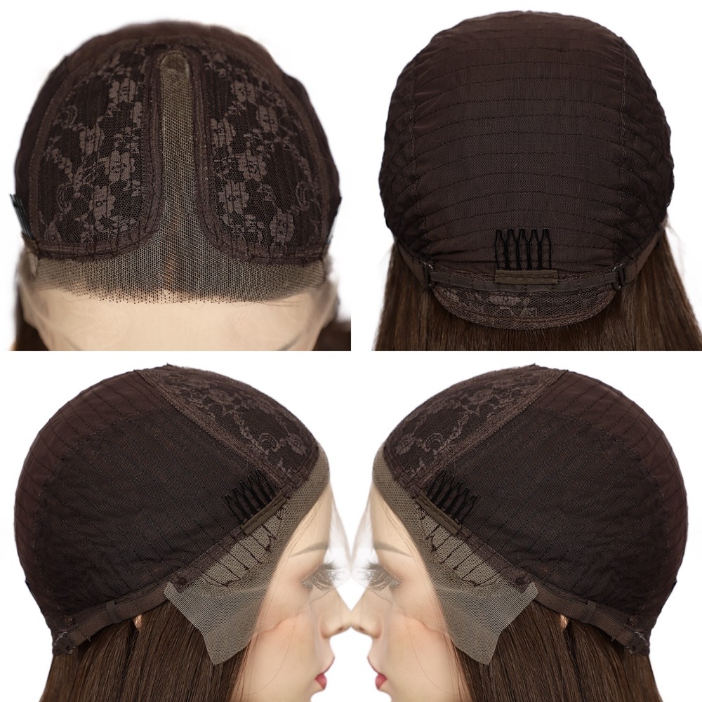 Long Straight Brown Synthetic Hair Heat Resistant Natural Frontal T Lace Wigs