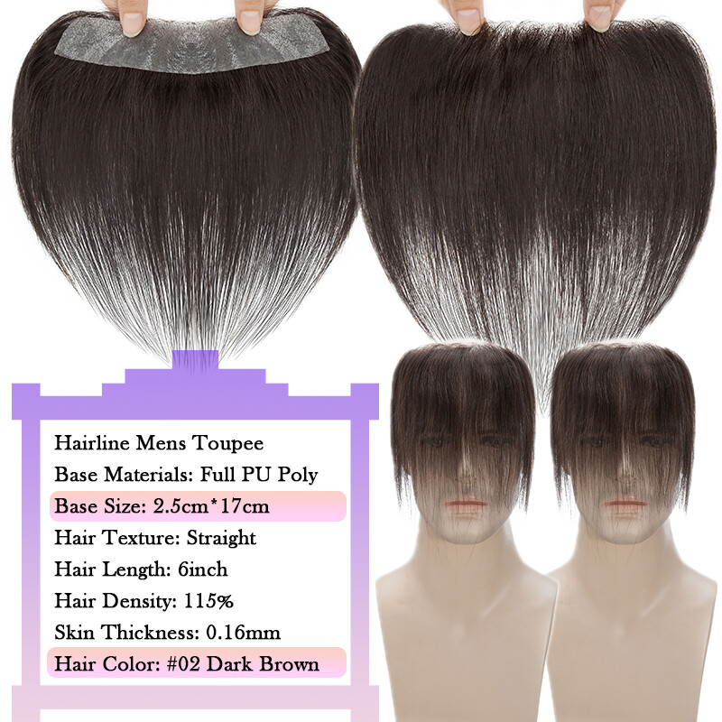 Forehead Hairline Men Toupee 100% Human Hair Hairpiece Thin Skin PU Topper Black