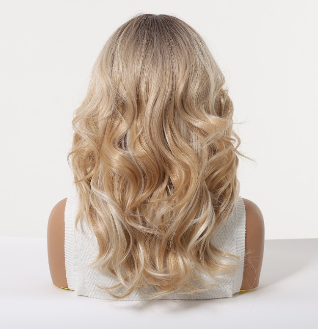 Long Wavy Rooted Blonde Highlight Mix Synthetic Fiber Heat Ok Wig Women Soft