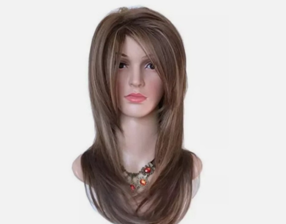 Women Dark Brown w/Gold Highlight Ombre Shoulder Length Curly Hair Wig-&&++