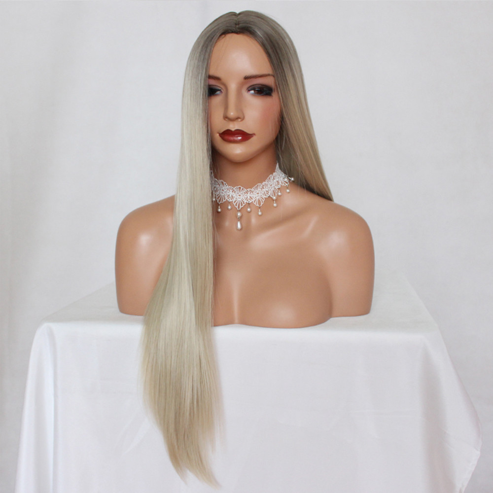 Full Machine Made Long Straight Blonde Wig Black Roots Middle Parting Cheap Wigs