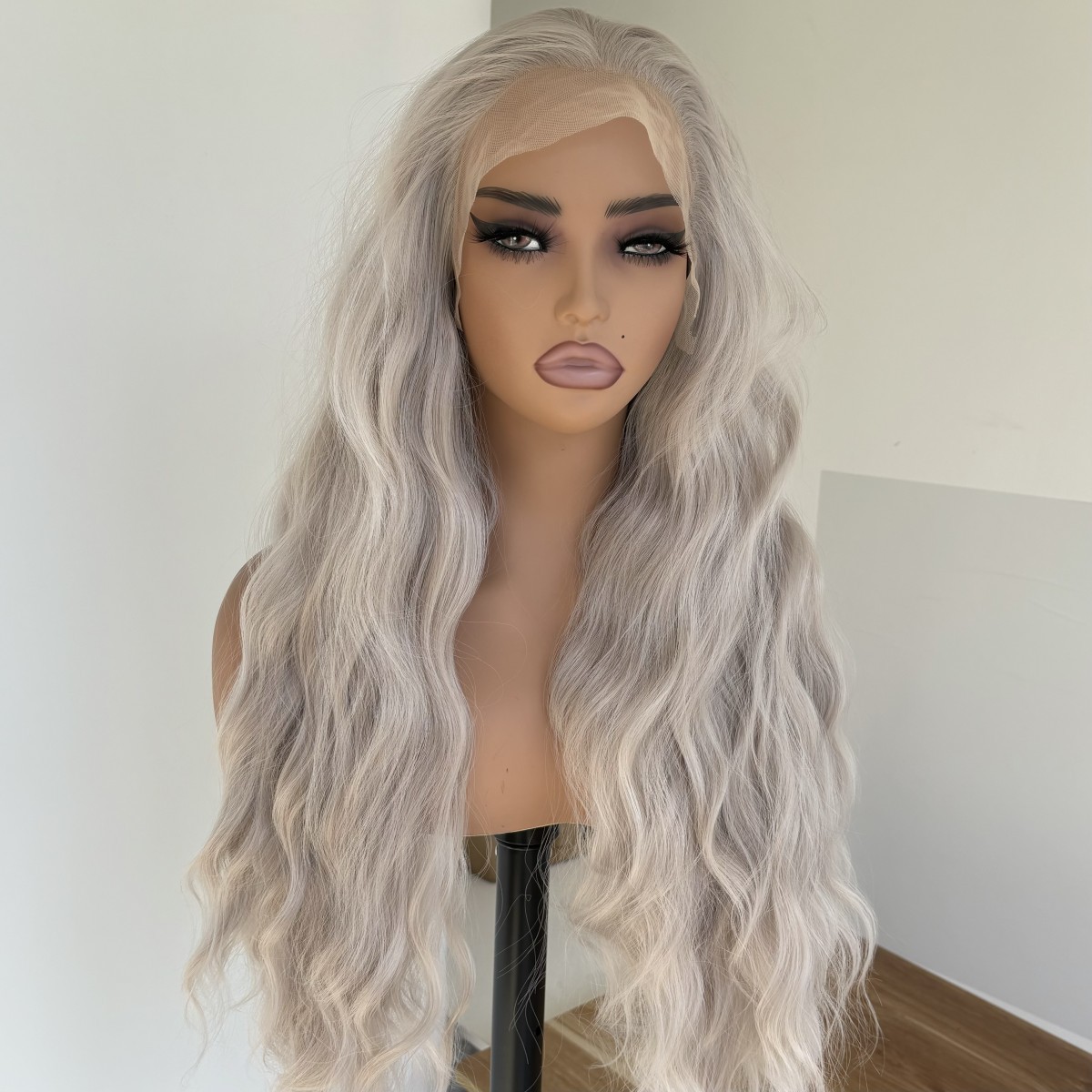 Heat Resistant Hair Long Wavy Silver gray Women T Lace Frontal Wigs Soft