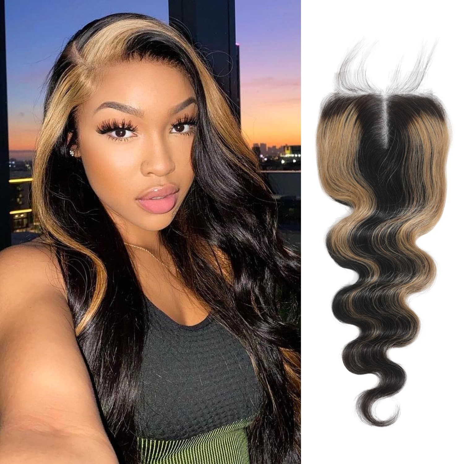 Auroo 27 Skunk Stripe 4X4 Lace Closure Only Human Hair Body Wave 12A Honey