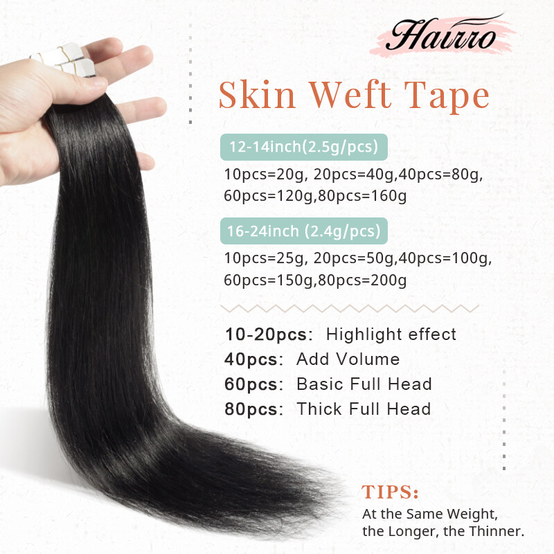 HAIRRO Tape In/ On Human Hair Extensions Real Remy Skin Weft Double Drawn 12-24″