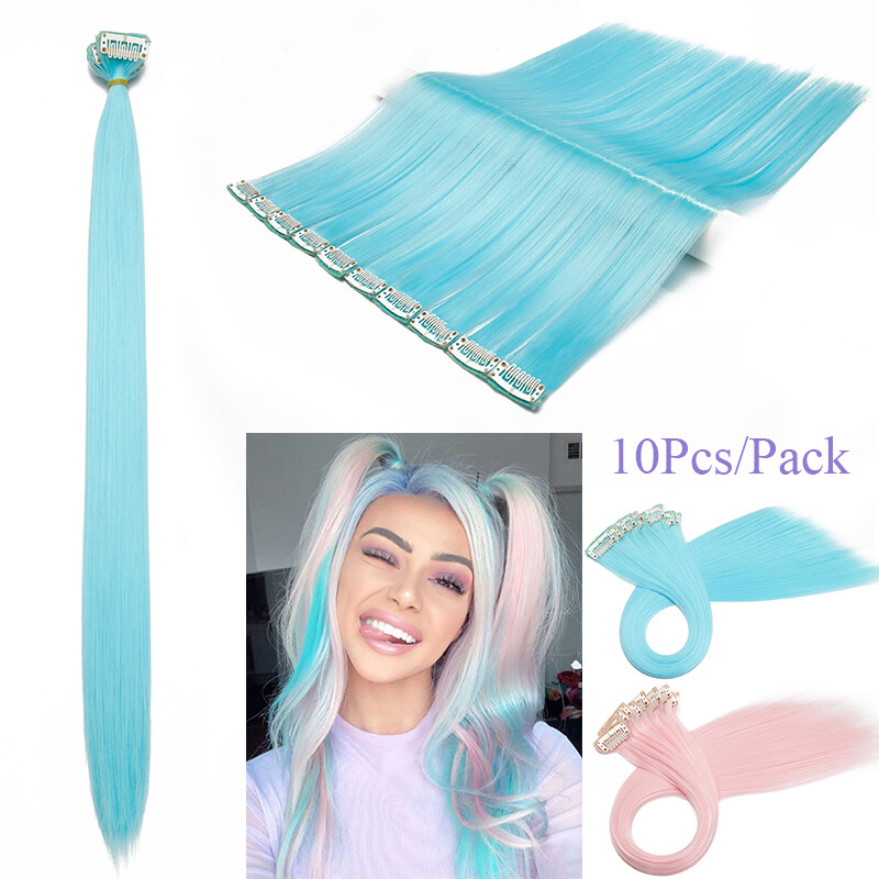 10PCS 20″ Multi Pink Colour Clip In Highlight Streaks Hair Extensions as Human