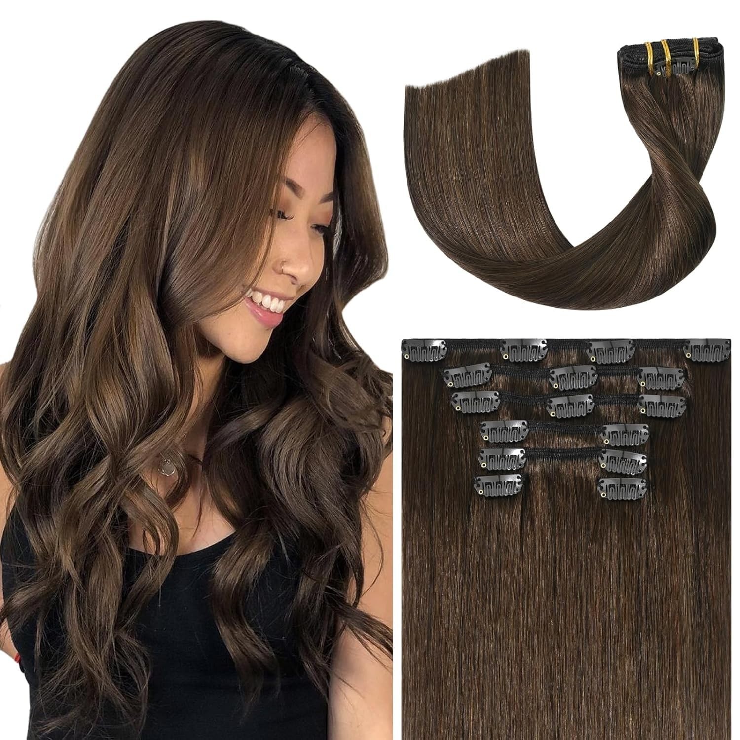 22″ Medium Brown Clip-in Hair Extensions, 115g Real Human Hair, Soft Straight Re