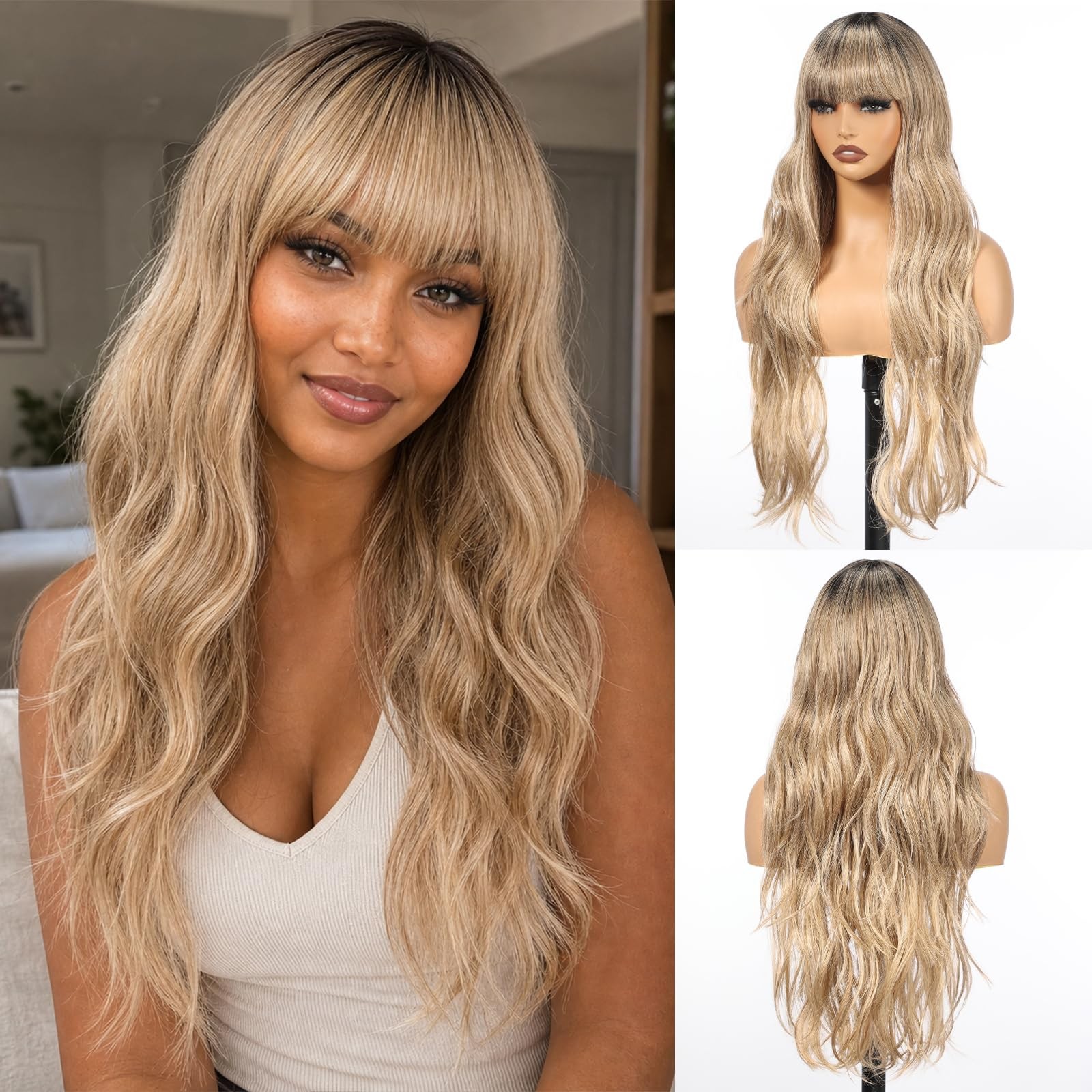 Long Ombre Blonde Wig with Bangs for Women, 26 Inch Long Curly Lace Wig Natur…