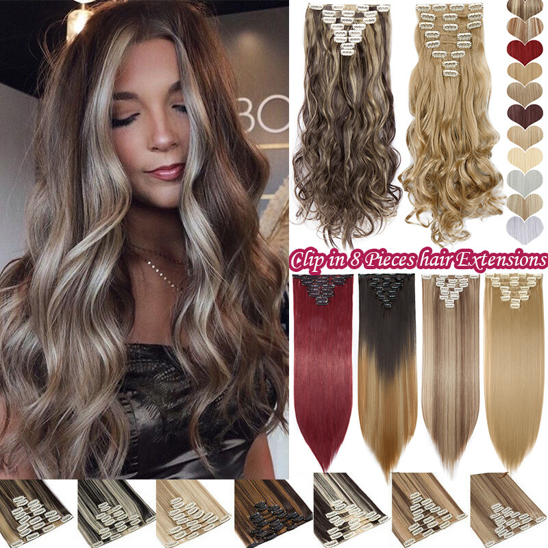 Highlight 8 Pieces Hair Extensions Clip In Full Head Real Long Straight as Human