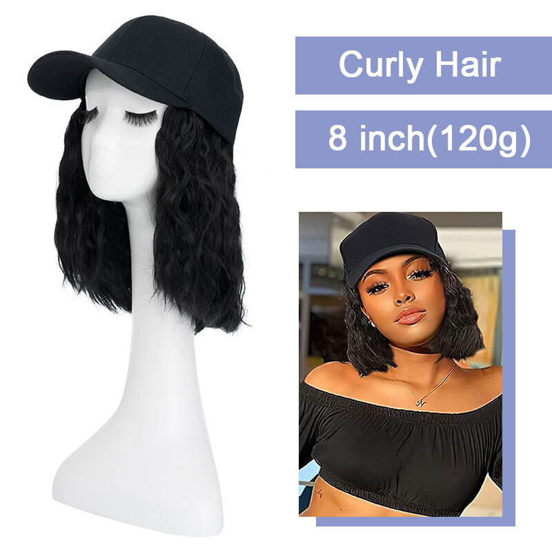 6in 8in Women Bob Baseball Hat with Synthetic Hair Extensions Curly Baseball Cap