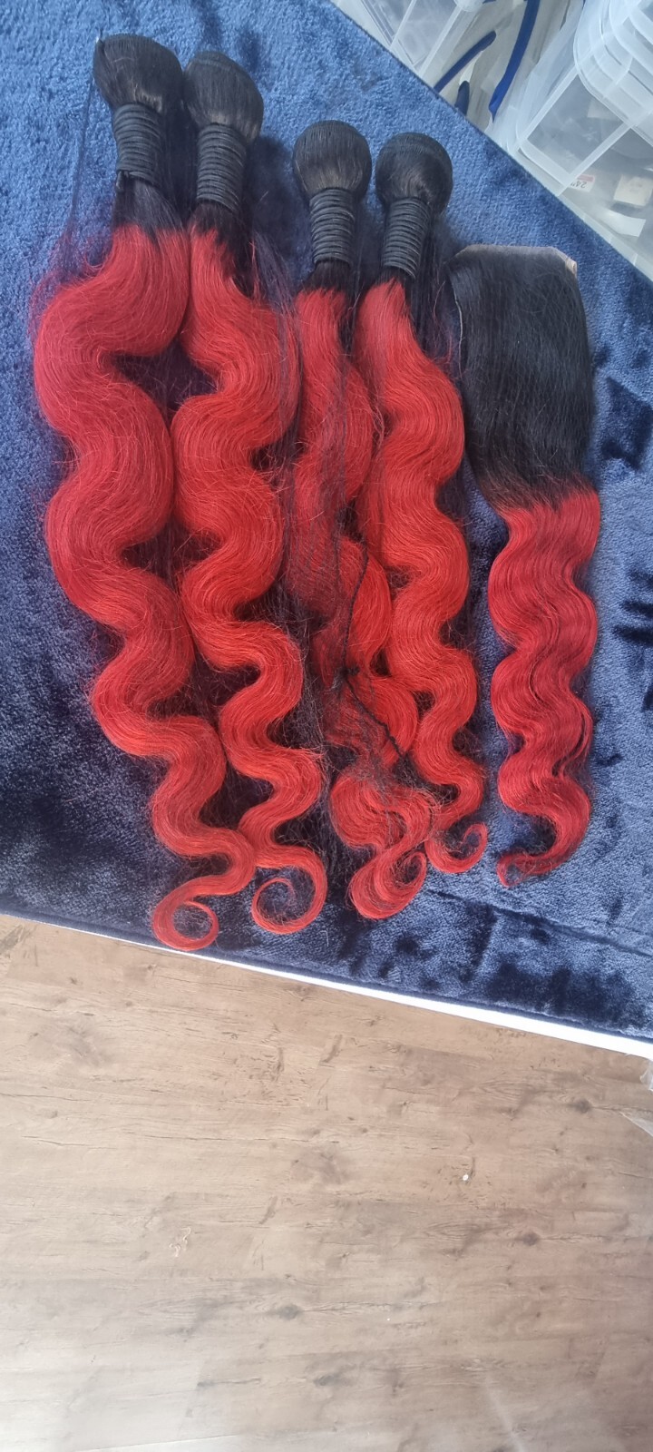 2TONES OMBRE 1B/RED BRAILIAN VIRGIN HUMAN HAIR BODY WAVES 26+26+28+28&24 CLOSURE