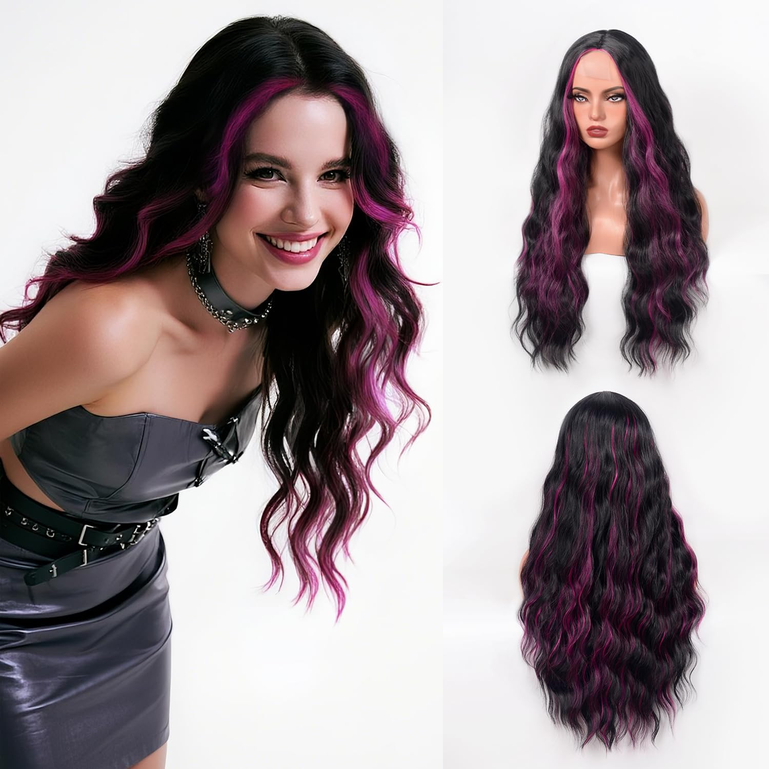 Long Black Mix Hot Pink Wavy Wig for Women 28 Inch Wavy Curly Middle Part Wig Na