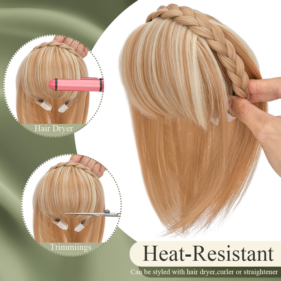 Braided Headband Topper Hairpiece Clip In Fringe Bang Hair Extension with Temple