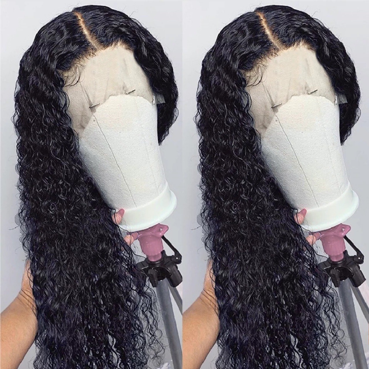 1 set Hair Front Wig Womens Human Synthetic Long Curly Lace Wavy Hair Wigs Black