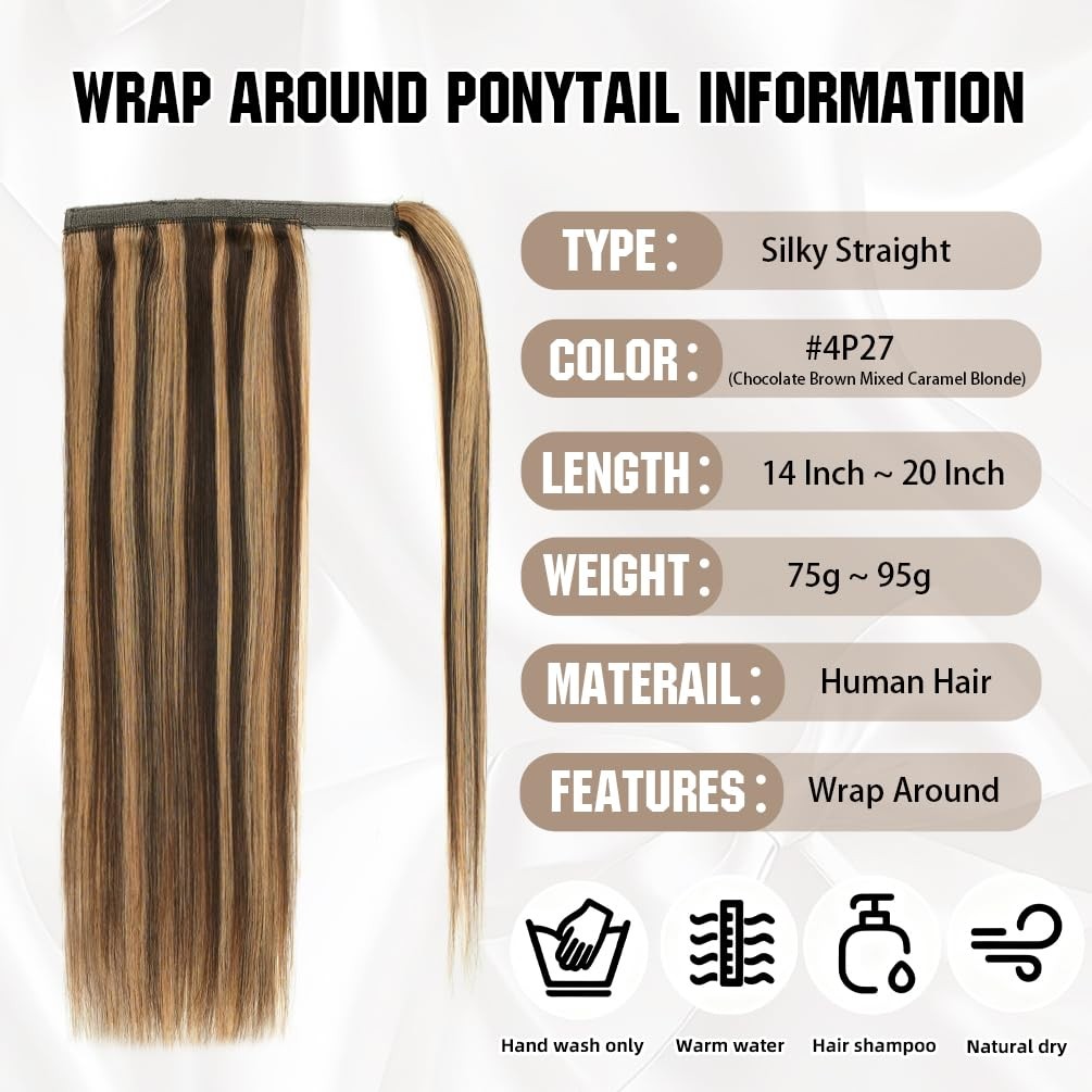 Amygirl Ponytail Extension Human Hair 16 Inch Medium Brown Mixed Blonde Silky