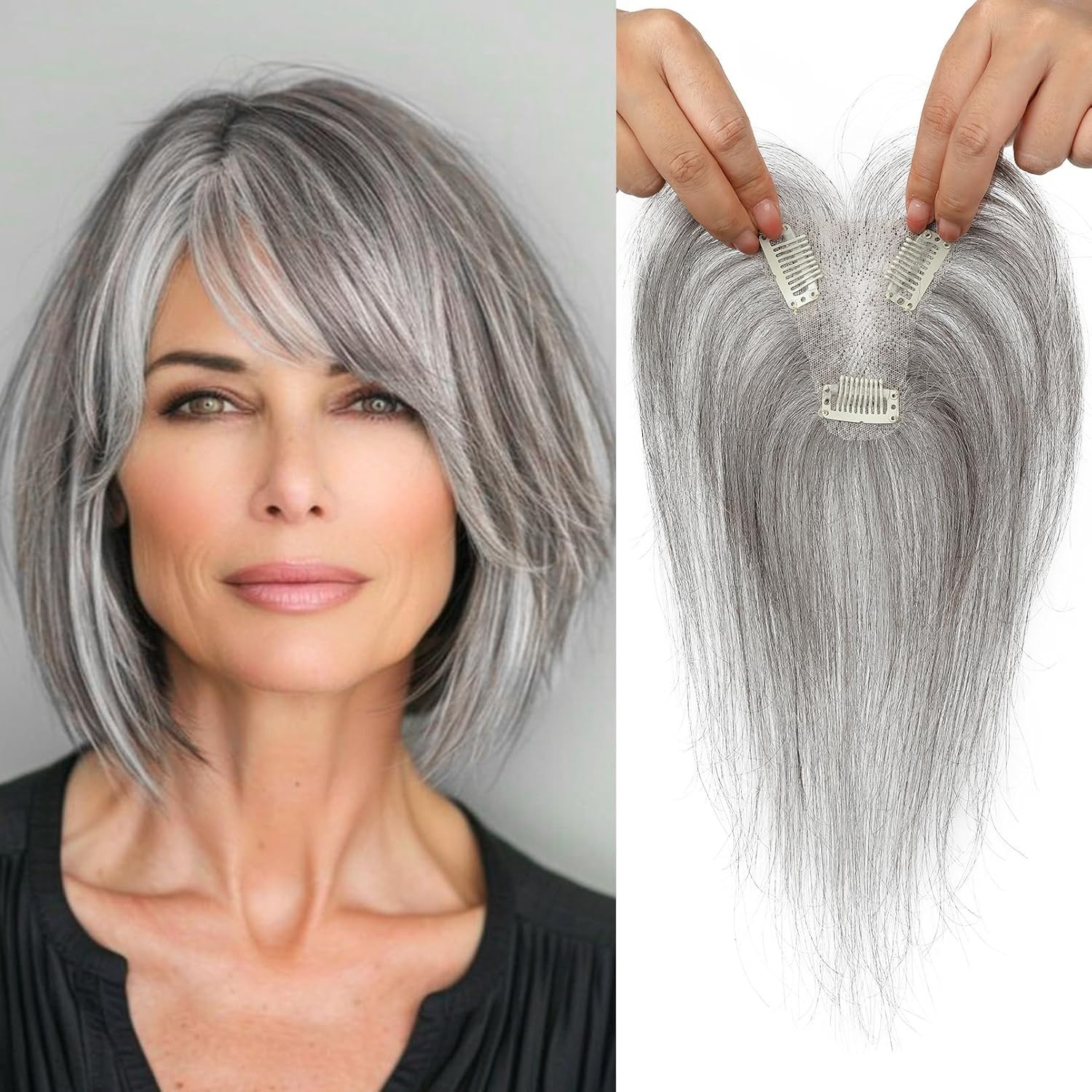 Light Gray Black Mix with Bangs 100% Human Hair 10in Women Hair Topper