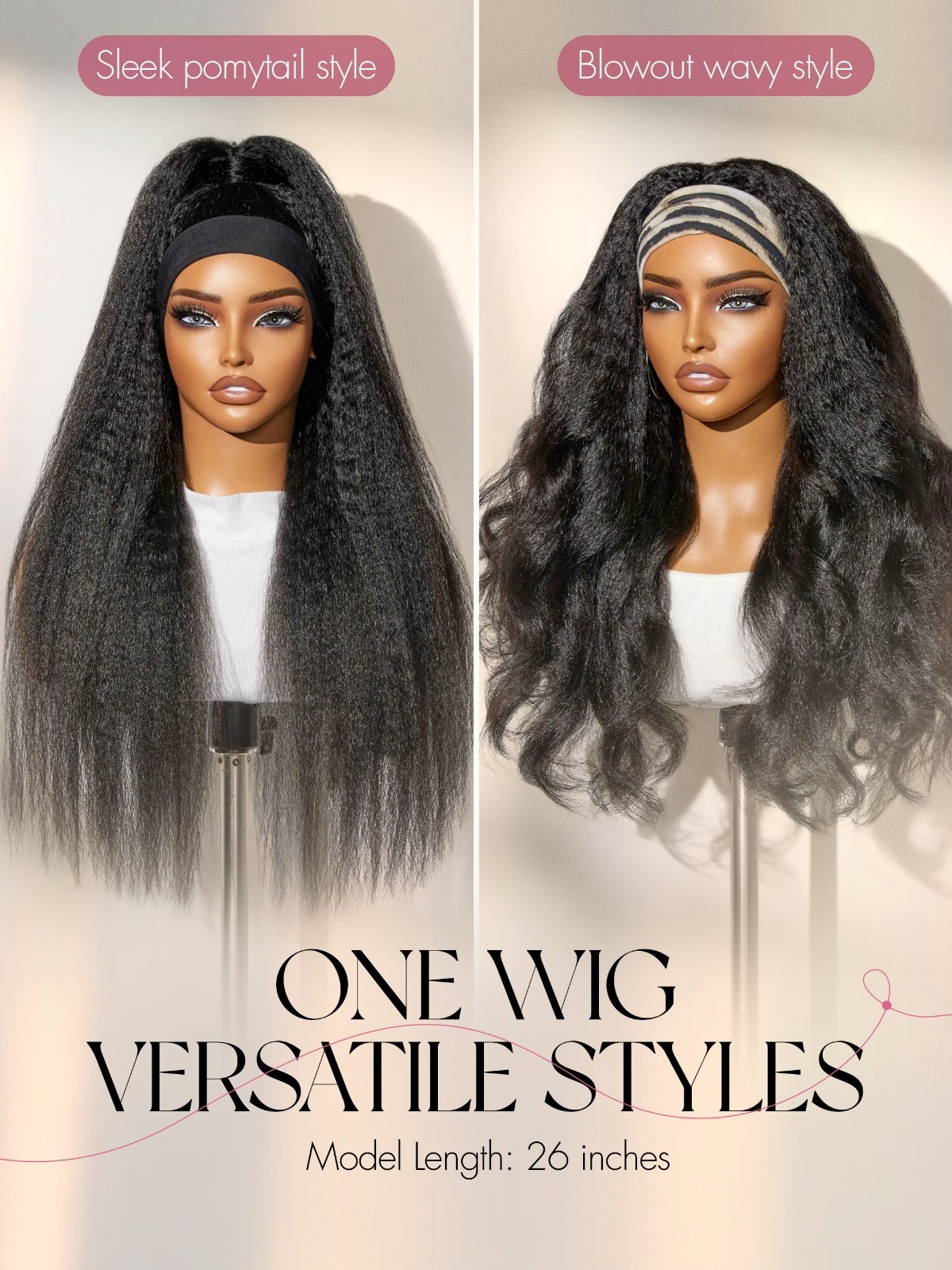Kinky Straight Headband Wig for Black Women – 24″ Human Hair Half Wig, Glueless,