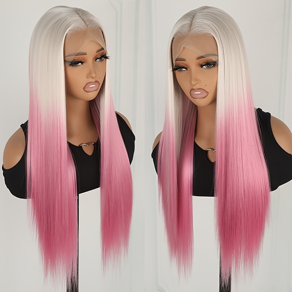 White Ombre Hot Pink Lace Front Wigs for Fashion Women Straight Hair Heat Safe