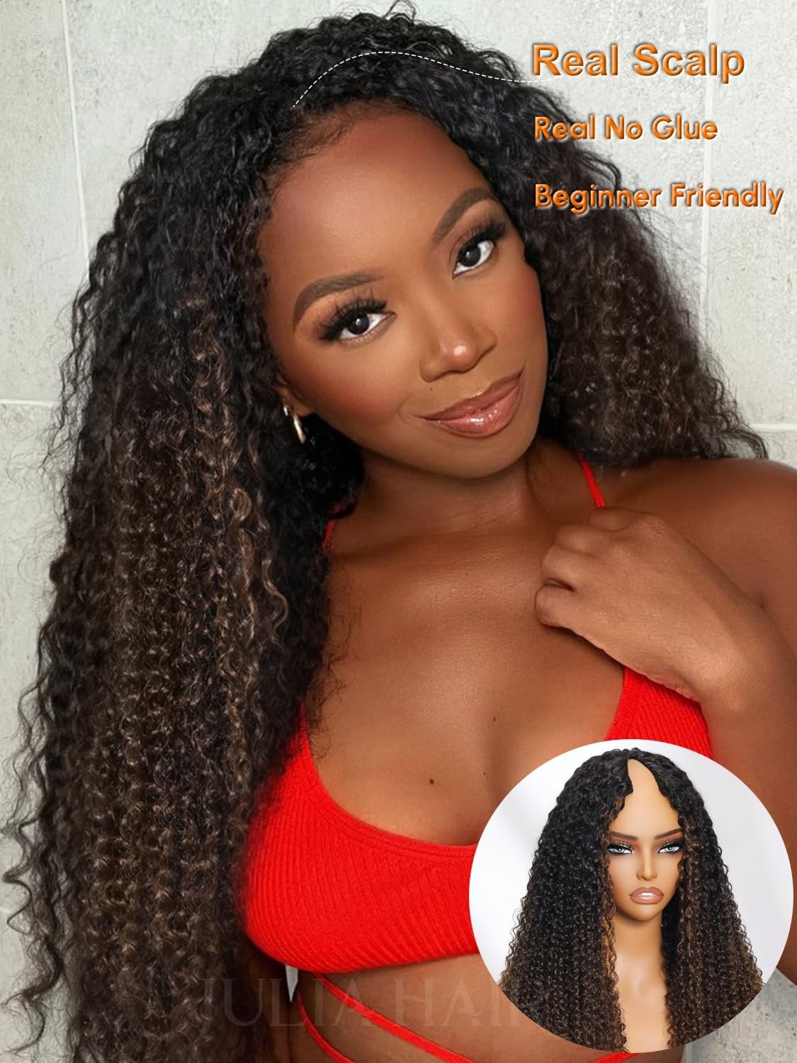 Curly V Part Wig 18″ Human Hair Ombre Black to Chestnut Brown, Glueless Clip-In,