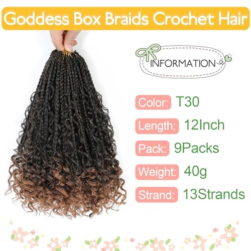 Goddess Box Braids Crochet Hair 12 Inch, 9 Packs Box 12 Inch (Pack of 9) T30#