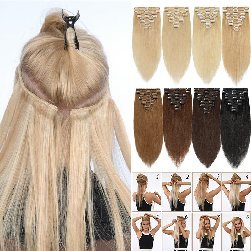 Premium Hair Extensions Clip In Real Remy Human Hair 8PCS Full Head Hairpiece US