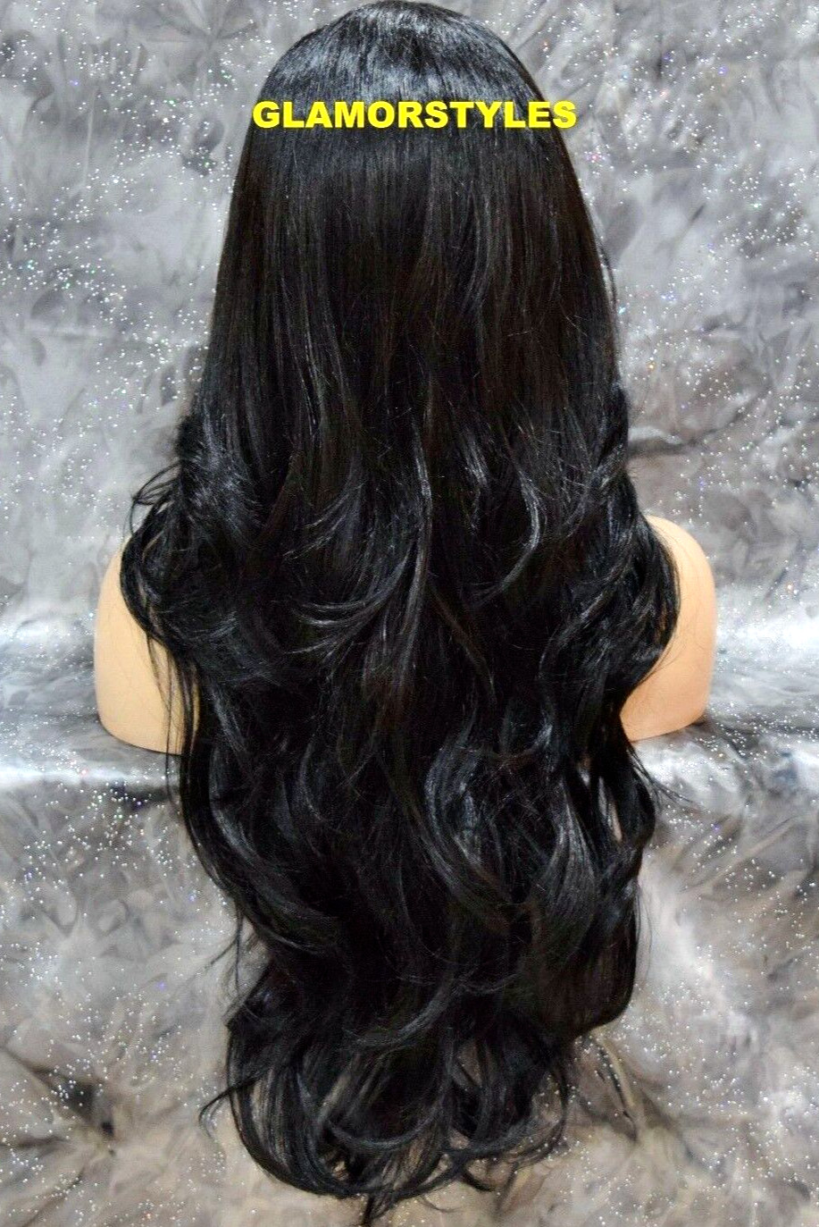 LACE FRONT FULL WIG LONG WAVY LAYERED SIDE PART OFF BLACK #1B HEAT OK NWT