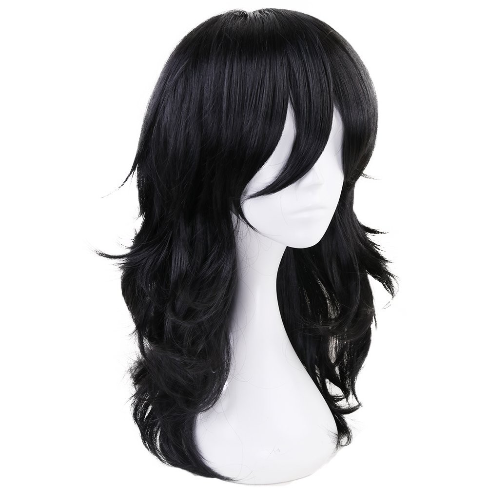 17in Black Long Wavy Wig with Bangs Mens Black Medium Length Wigs