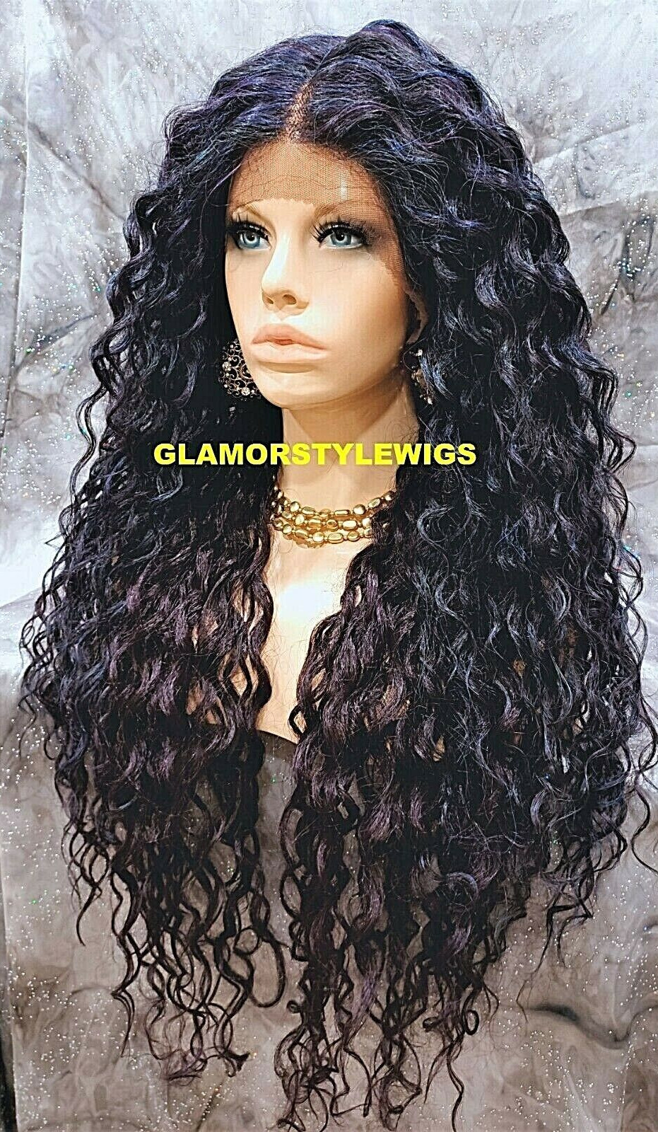 38” LACE FRONT FULL WIG EXTRA LONG LAYERED CURLY BLACK PURPLE BLUE MIX HEAT OK