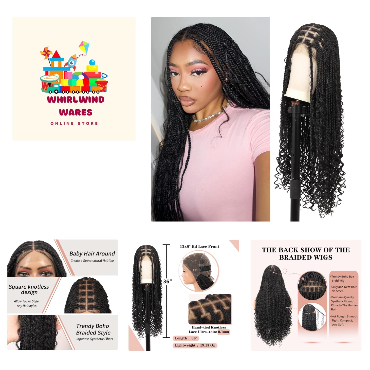 36″ Boho Braided Wigs for Women 13×8 Inch Hd Lace Front Box Braid Wig Knotles…