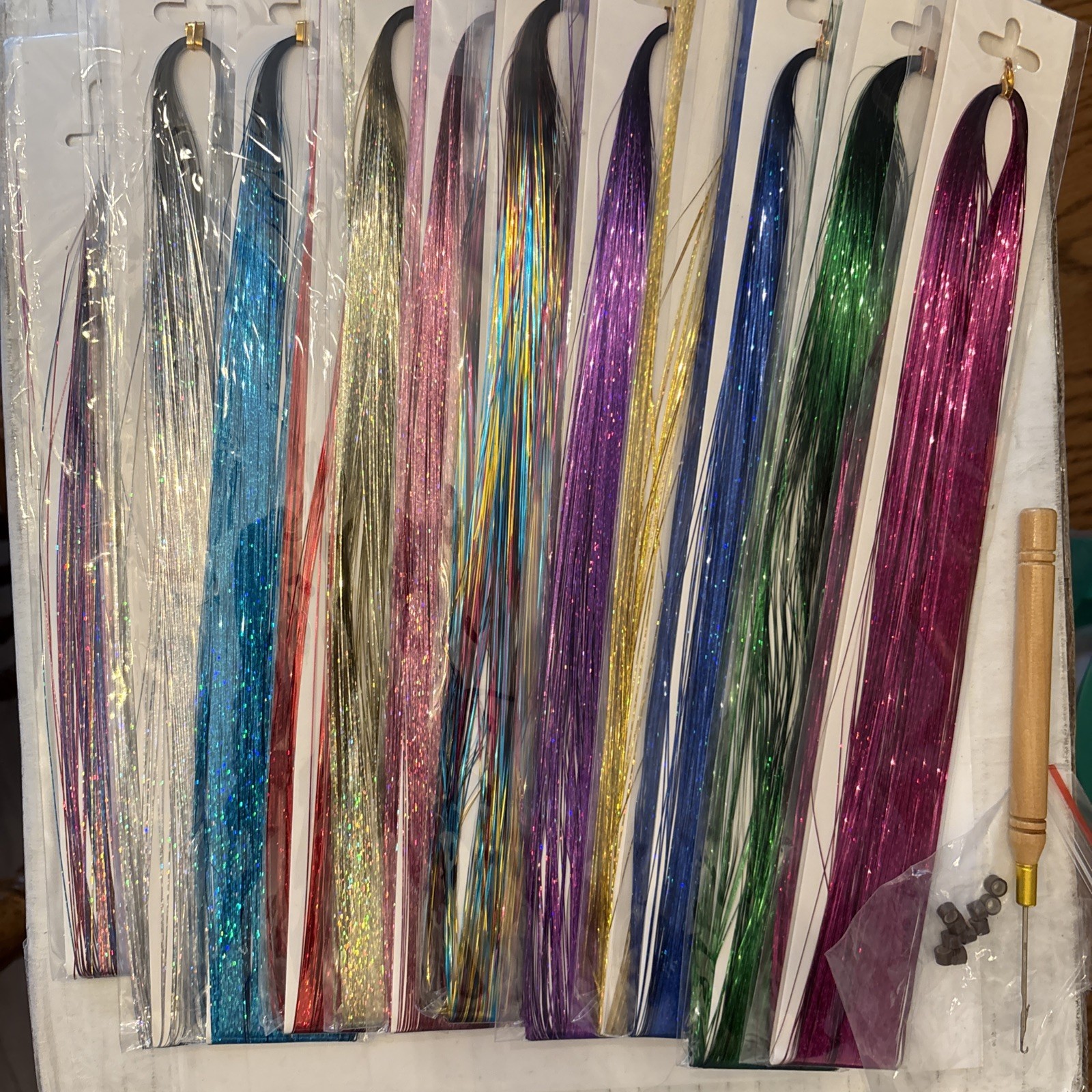 14 Pack Mixed Colors Hair Tinsel Kit with Tools 36-44 Inch Fairy Hair Extensions