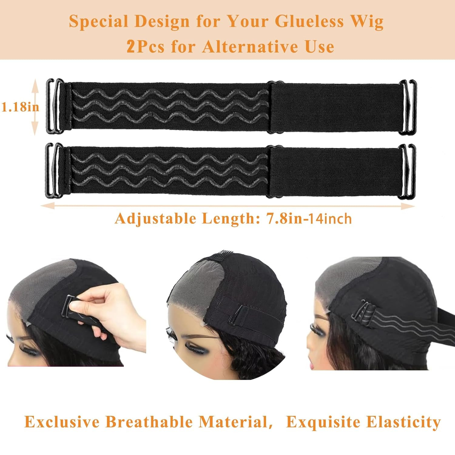 2Pcs Adjustable Elastic Wig Band with Non-Slip Silicone Strips & Removable Buckl