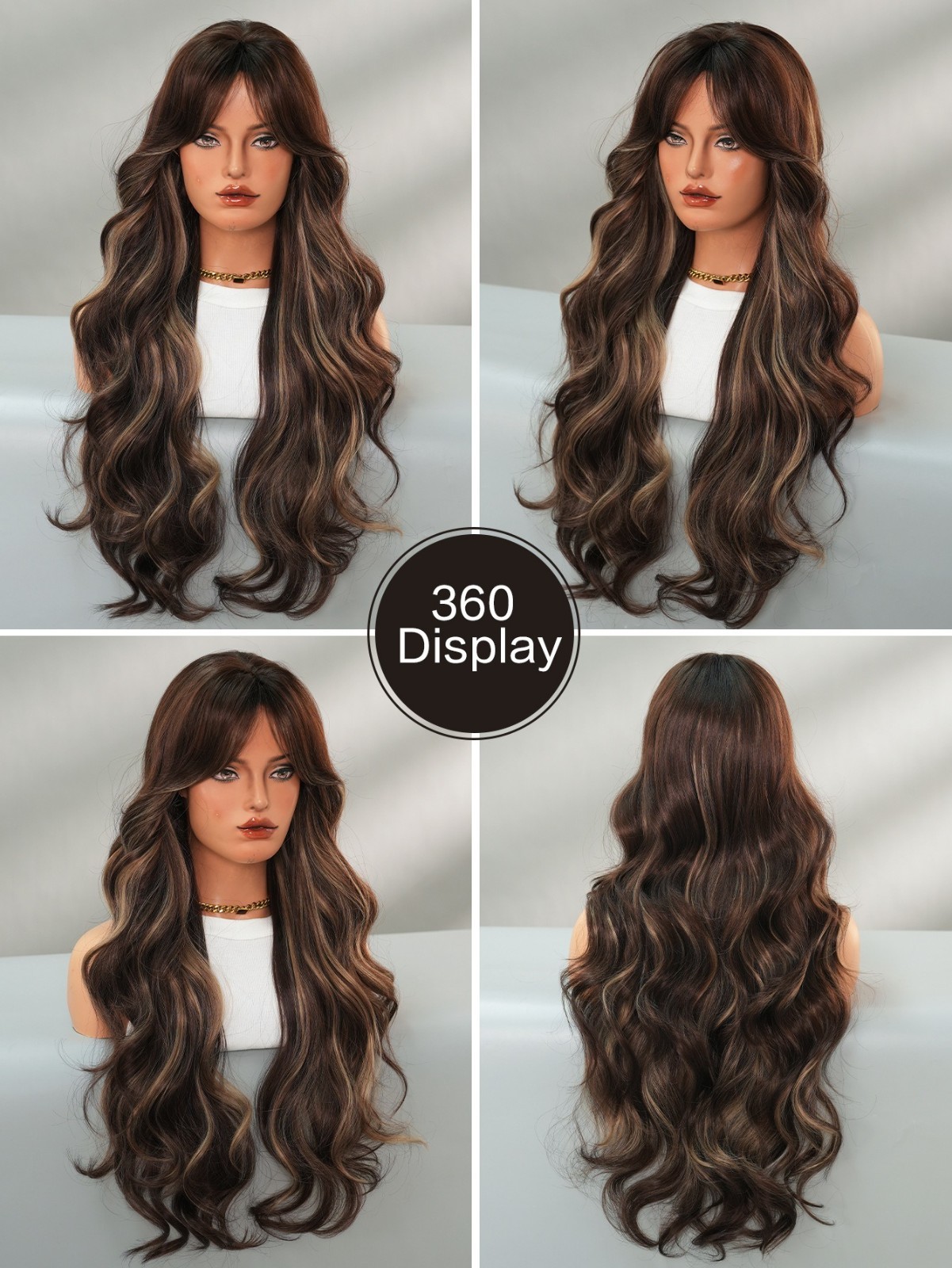Wig with long curly brown hair with honey gold highlights and a brown base color