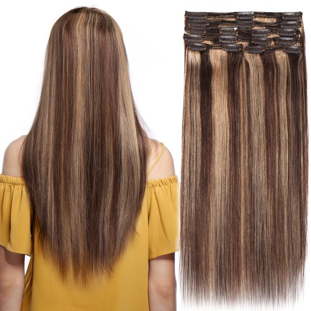Clip in Hair Extensions 8pcs 120g 14″ #4/27 Medium Brown/Dark Blonde – Double
