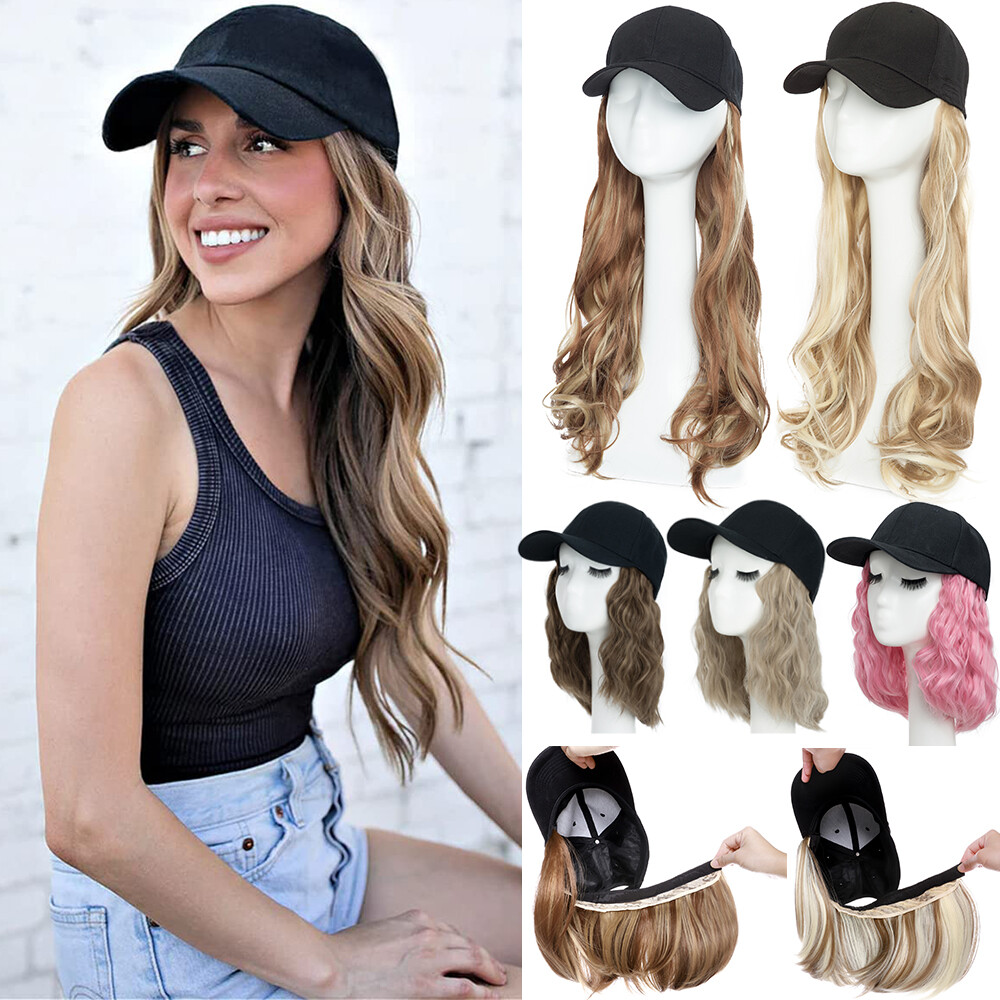 Cap with Hair Attached For Women Wigs Hat Hair Short Bob Wavy Straight Style US