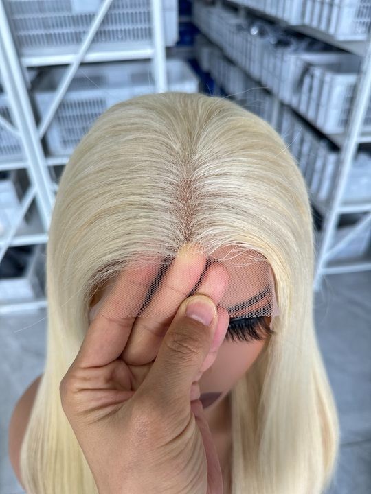 28inch 613#Blonde Silk Straight 100% Human Hair 13×4 Transparent Lace Front Wig