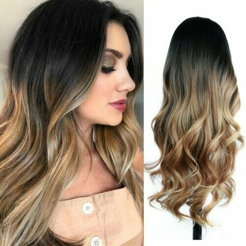 Ombre Wig Black to Light Brown Long Wavy Heat Resistant Synthetic 28in Halloween