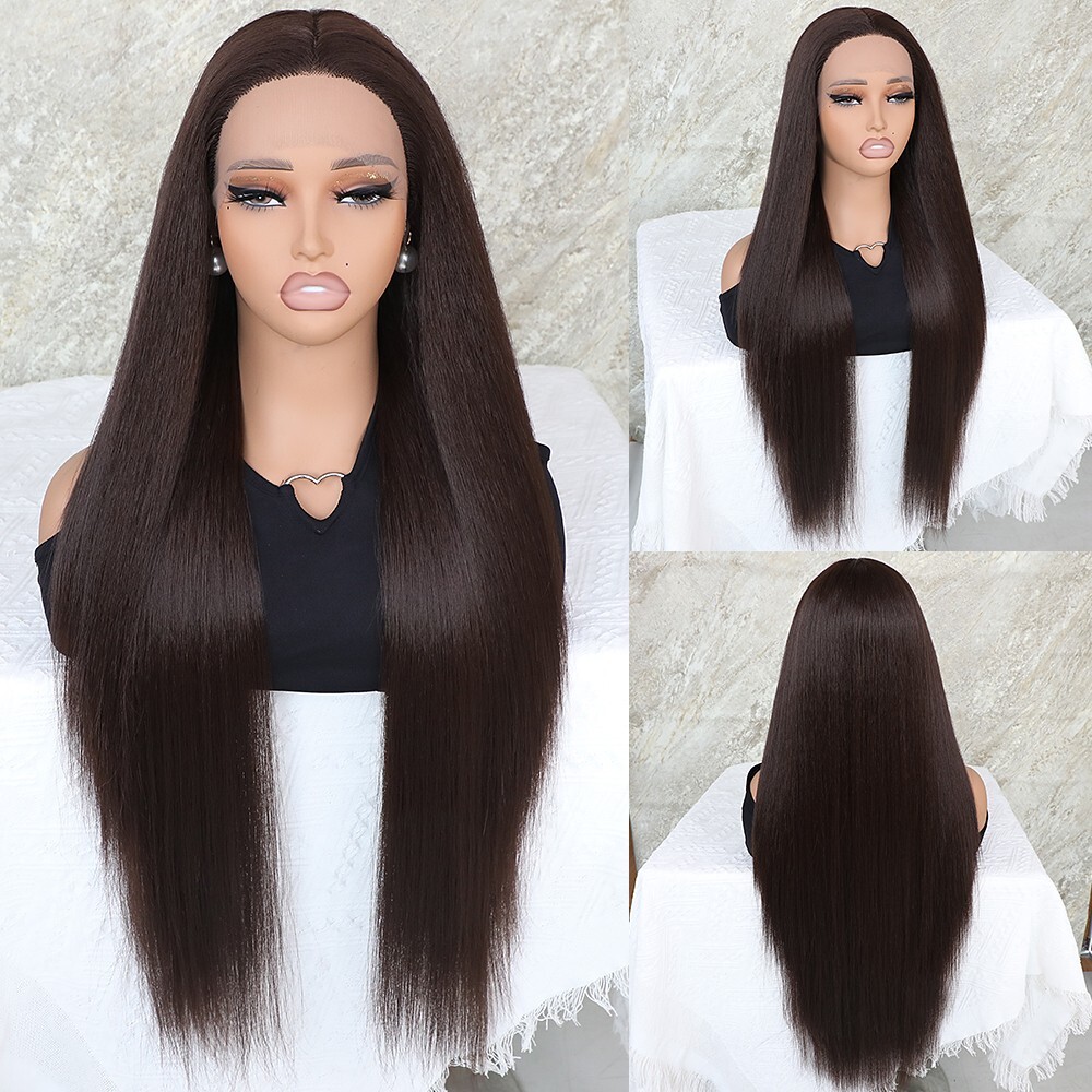 Lace Front Wig Hand Tied Long Straight #4 Dark Brown Heat Resistant Hair Natural