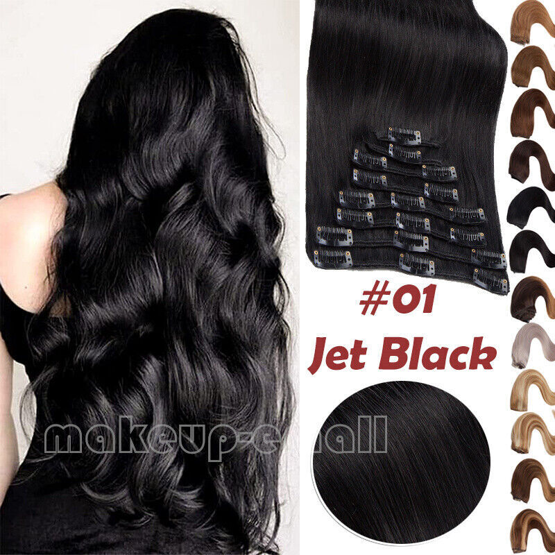 100% Clip In Remy Human Hair Extensions Full Head Black/Brown/Blonde Straight