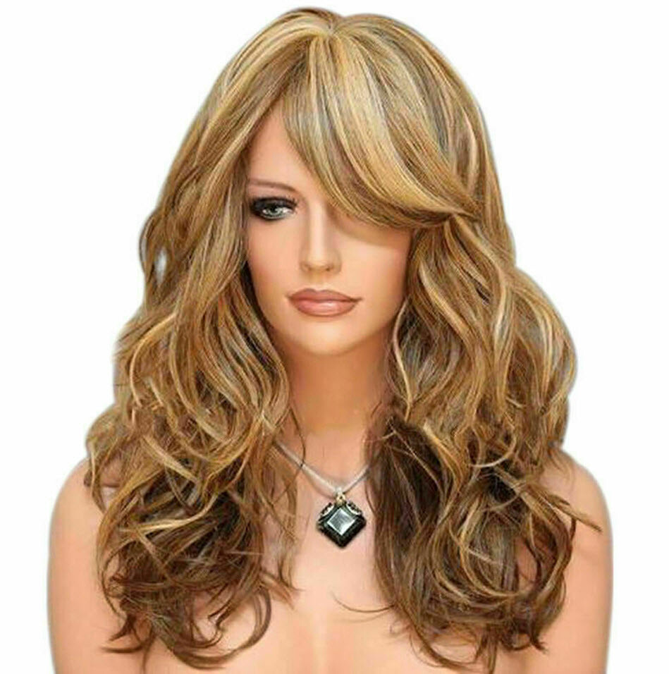 Womens Brown Blond Heat Resistant 23″ Long Curly Wavy Full Volume Hair Wig USA,,