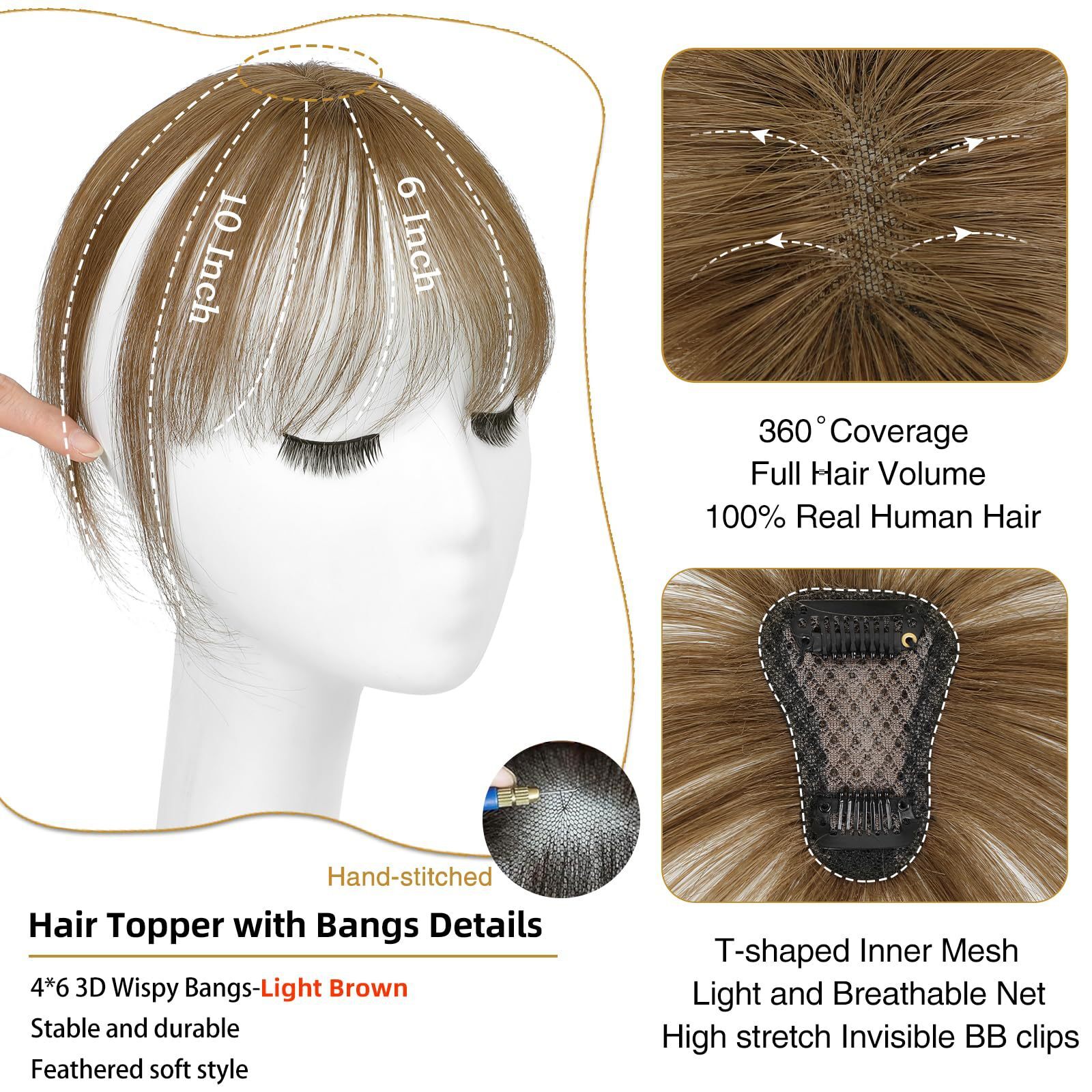 Golden T Piece Hair Topper Hand Tied 3D Bangs 10inch Real Human Hair Brown Black