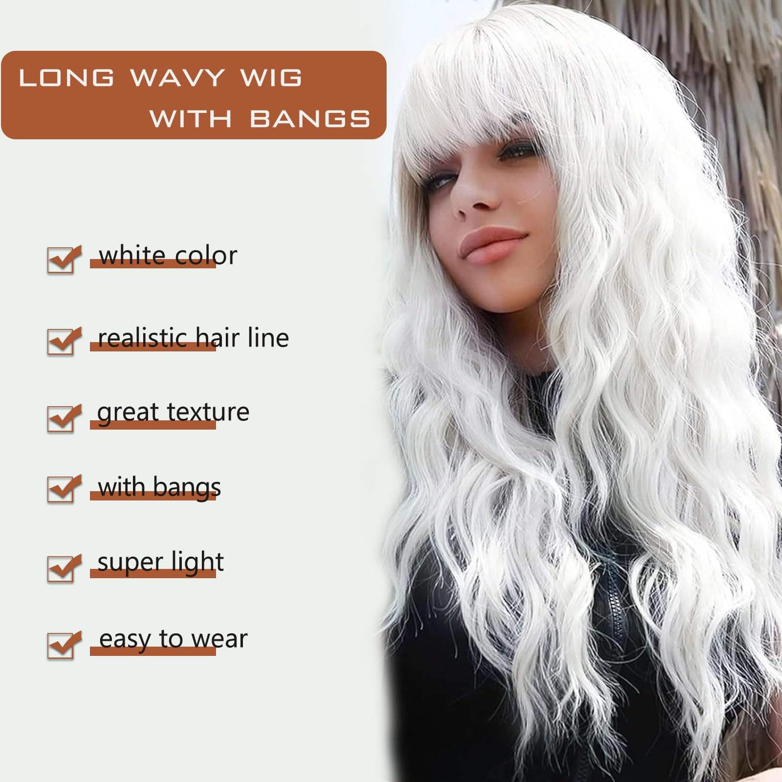 White Wig with Bangs for Women 26 Inch Long Wavy White Wigs Synthetic Heat Re…