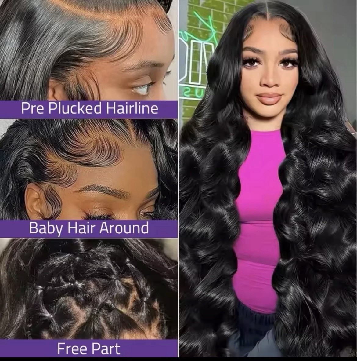 Glueless Lace Front Human Hair Wig Body Wave Long Black Free-Part Pre Plucked