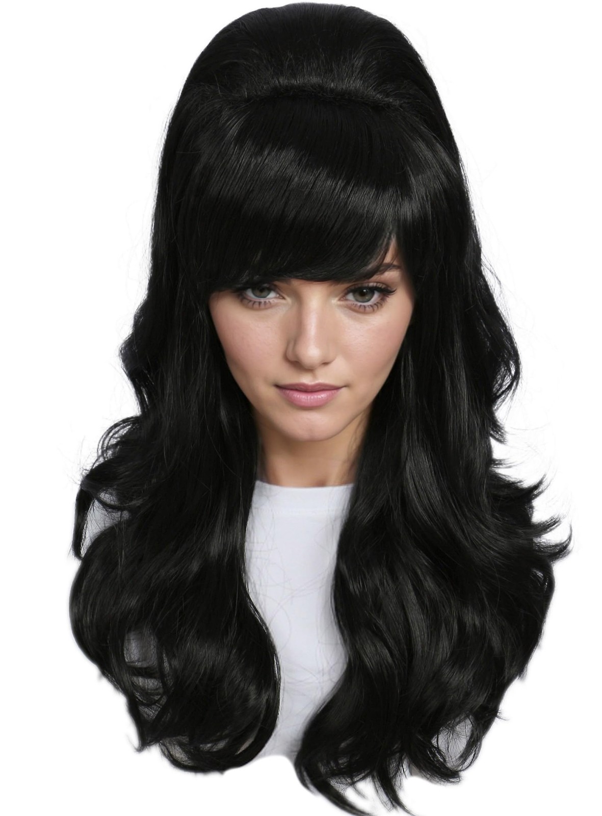 Long Wavy Black Wig Big Bouffant Beehive Women Fits 50s 80s Costume Party