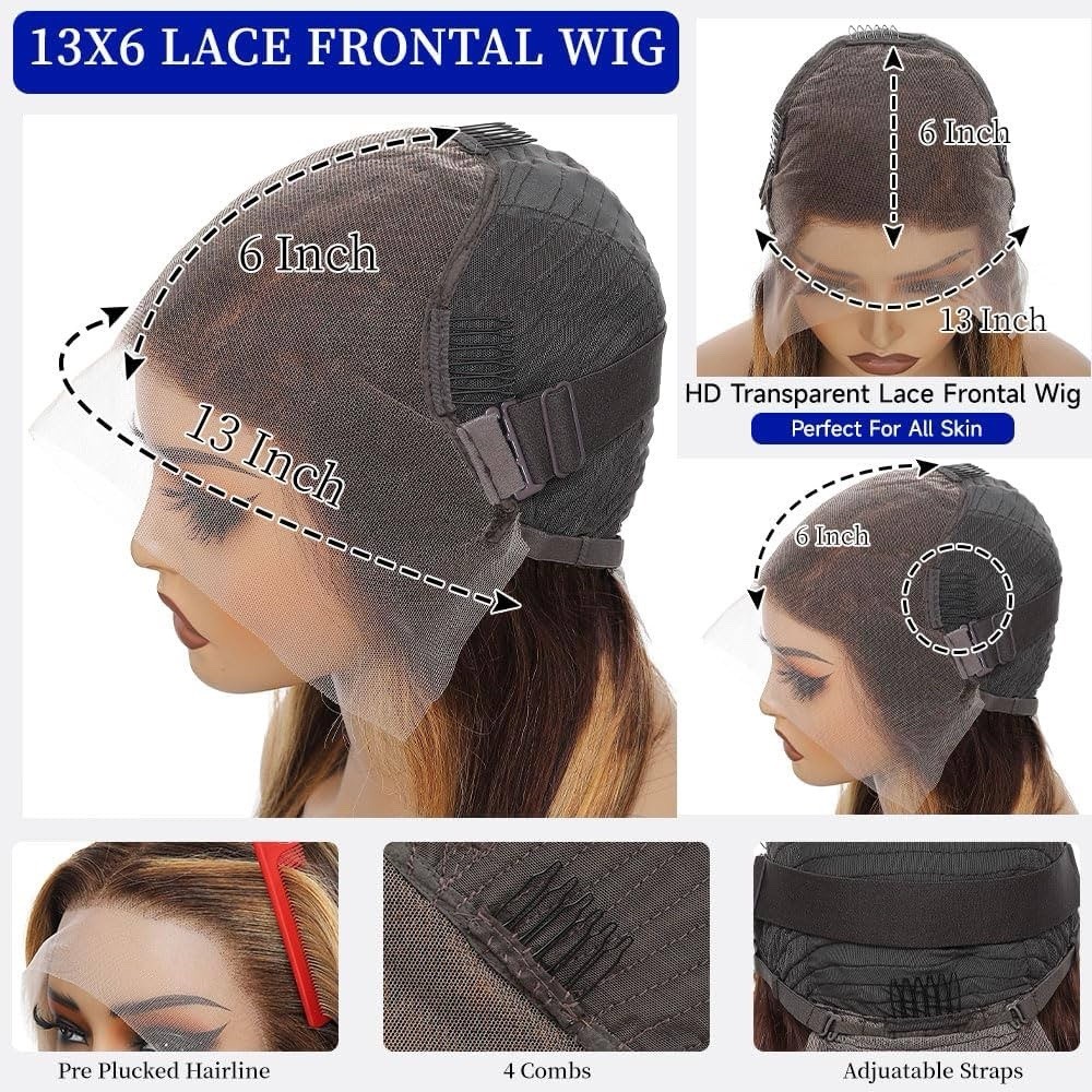 4/27 Ombre Lace Front Wig 200 Density 30” Virgin Hair Highlights Straight 13/6