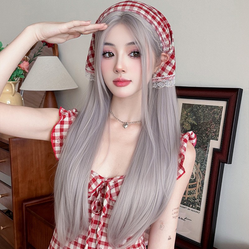 Purple Grey Middle Part Long Straight Wig Pre Plucked Lace Front Hand Tied