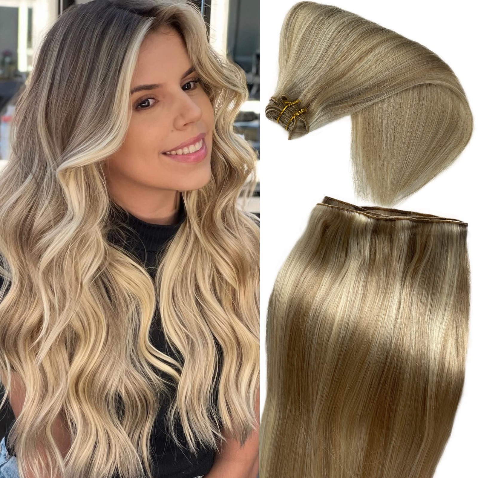 Ash Blonde Sew-in Hair Extensions Human Hair 14 inch Weft Bundles for Women Stra
