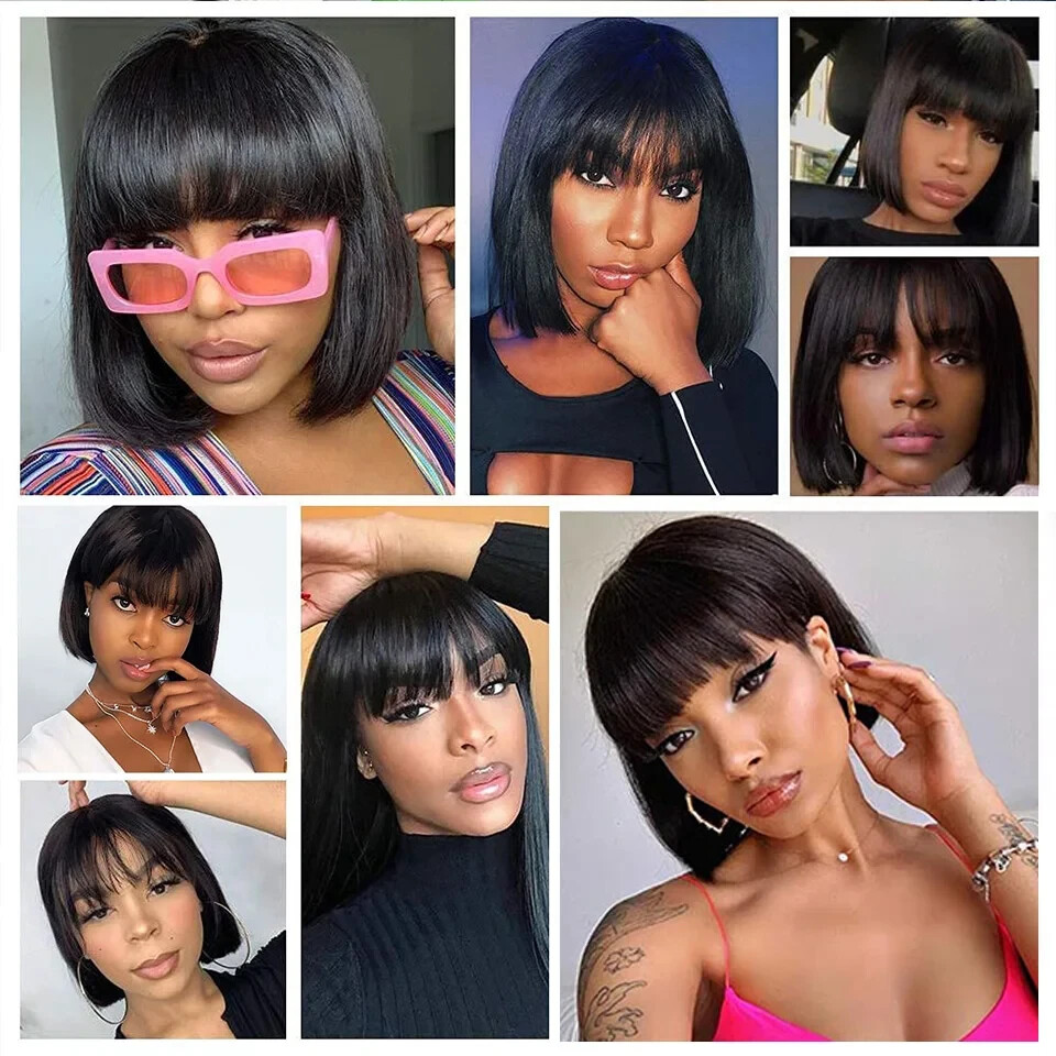 Short Bob Wig Human Hair Wigs Full Machine Made Wigs Natural Color With Bangs