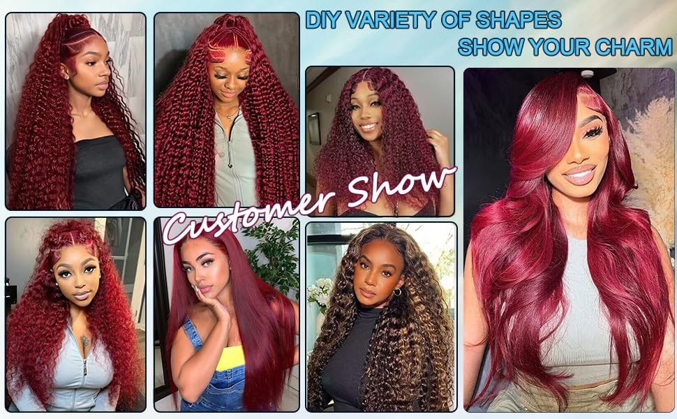 18″ 99J Burgundy Deep Wave Lace Front Wigs Human Hair 180% Density 13×6 HD