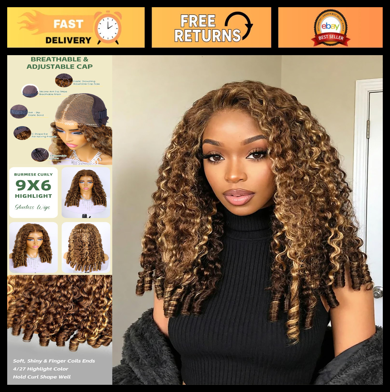 22″ Honey Blonde Ombre Curly Glueless Wig – 9×6 HD Lace, Pre-Plucked, 180% Densi